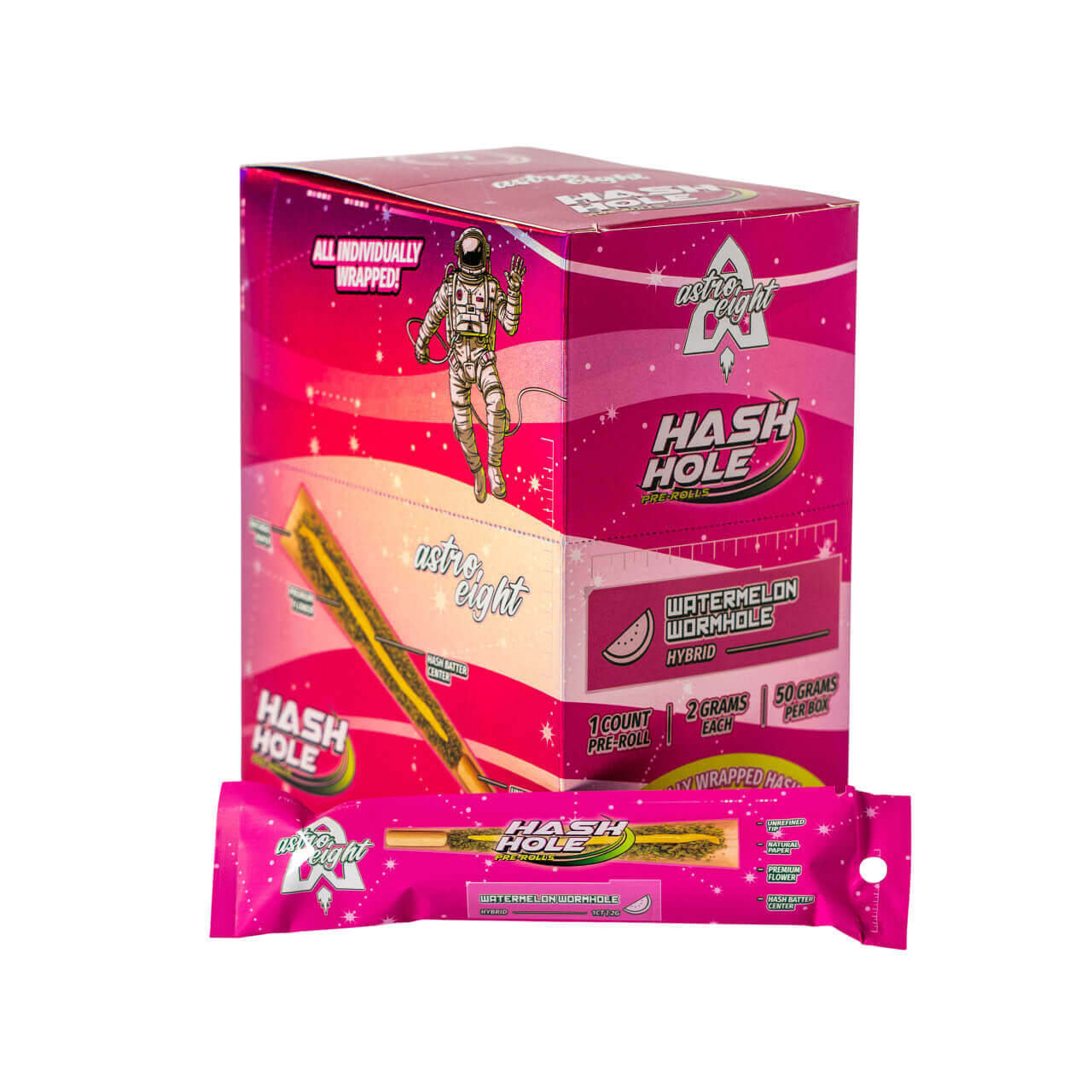 Astro Eight Hash Hole Pre-Rolls packaging featuring watermelon flavor, 2G THC-P flower, premium and individually wrapped.