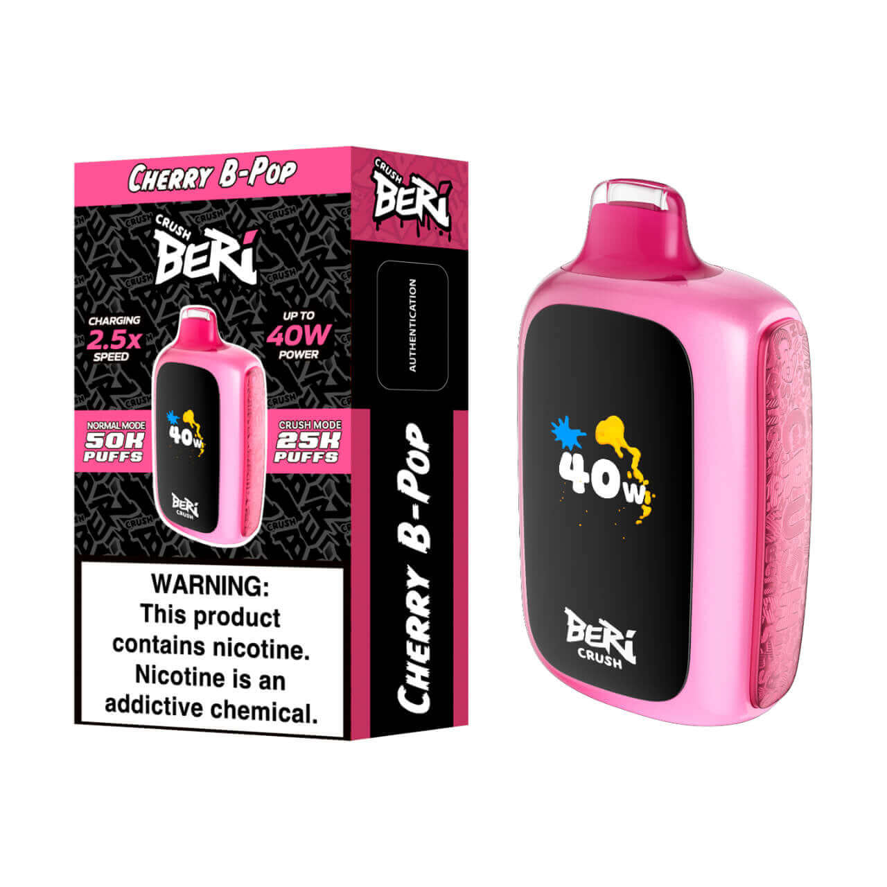 Beri Crush Cherry B-Pop disposable vape with 50K puffs and 40W power, featuring vibrant design.