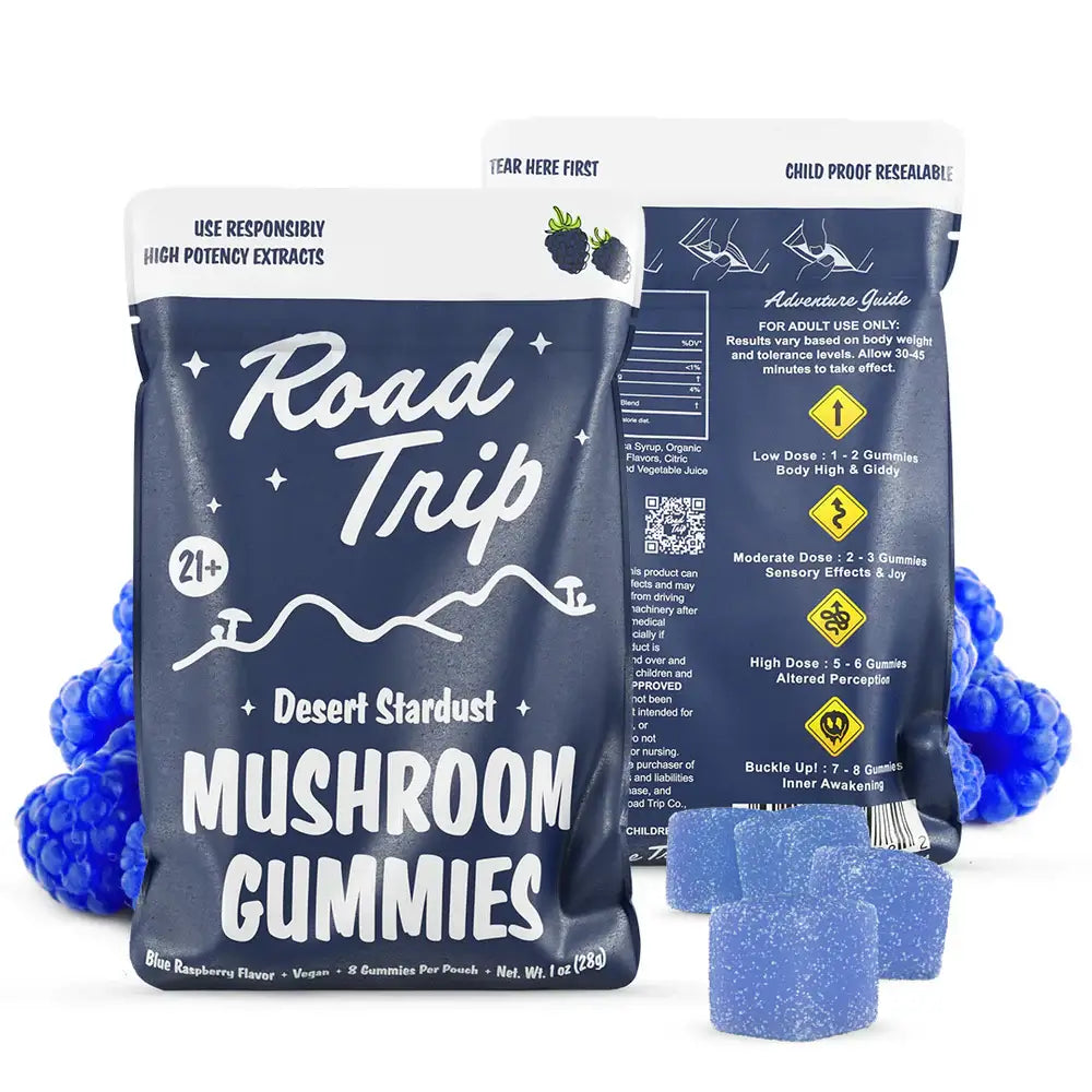 Road Trip Mushroom Gummies pack featuring blue raspberry flavor, vegan, nootropic blend for mental clarity.