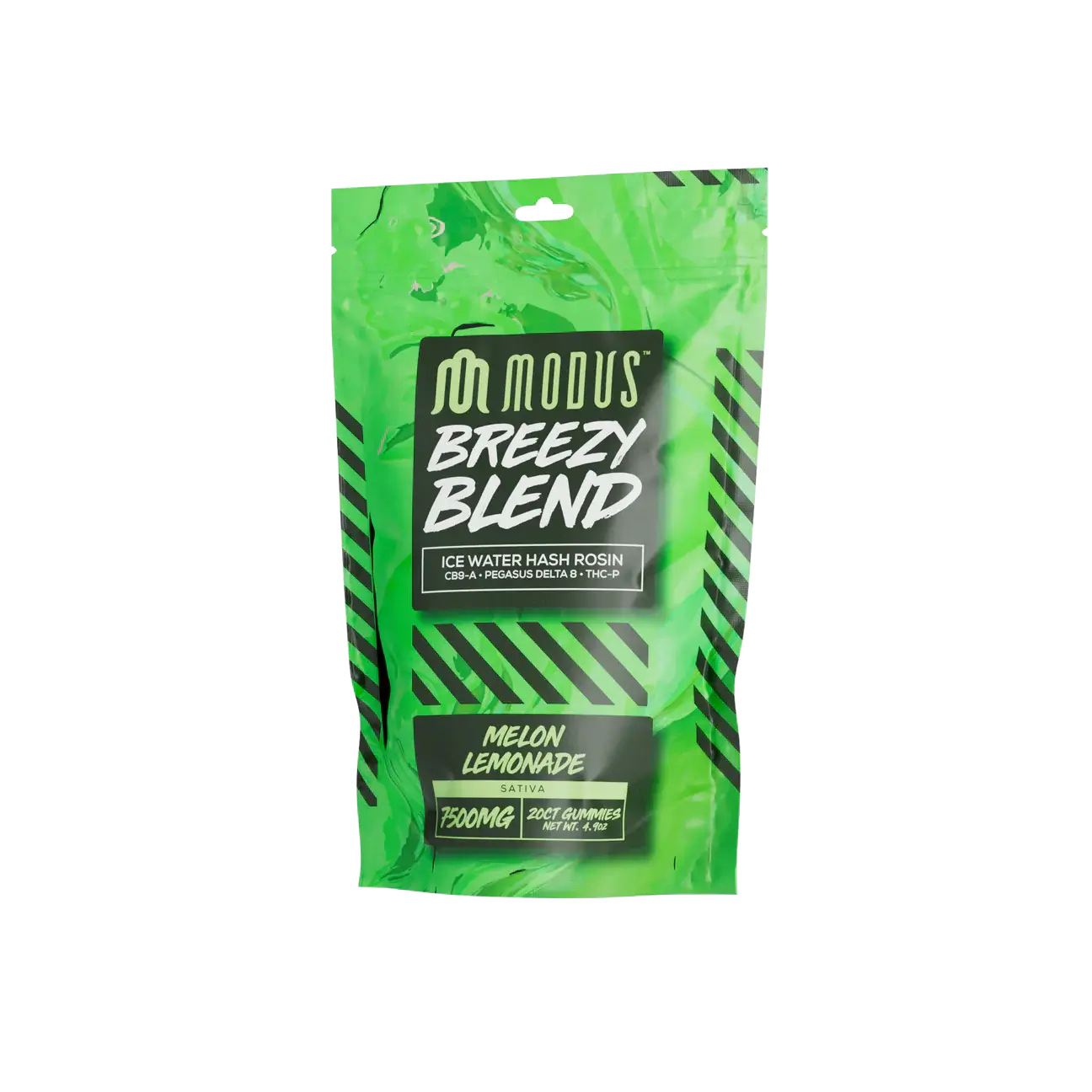 Modus Breezy Blend Gummies 7500MG packaging featuring Melon Lemonade flavor, vibrant green design, and 20-count details.