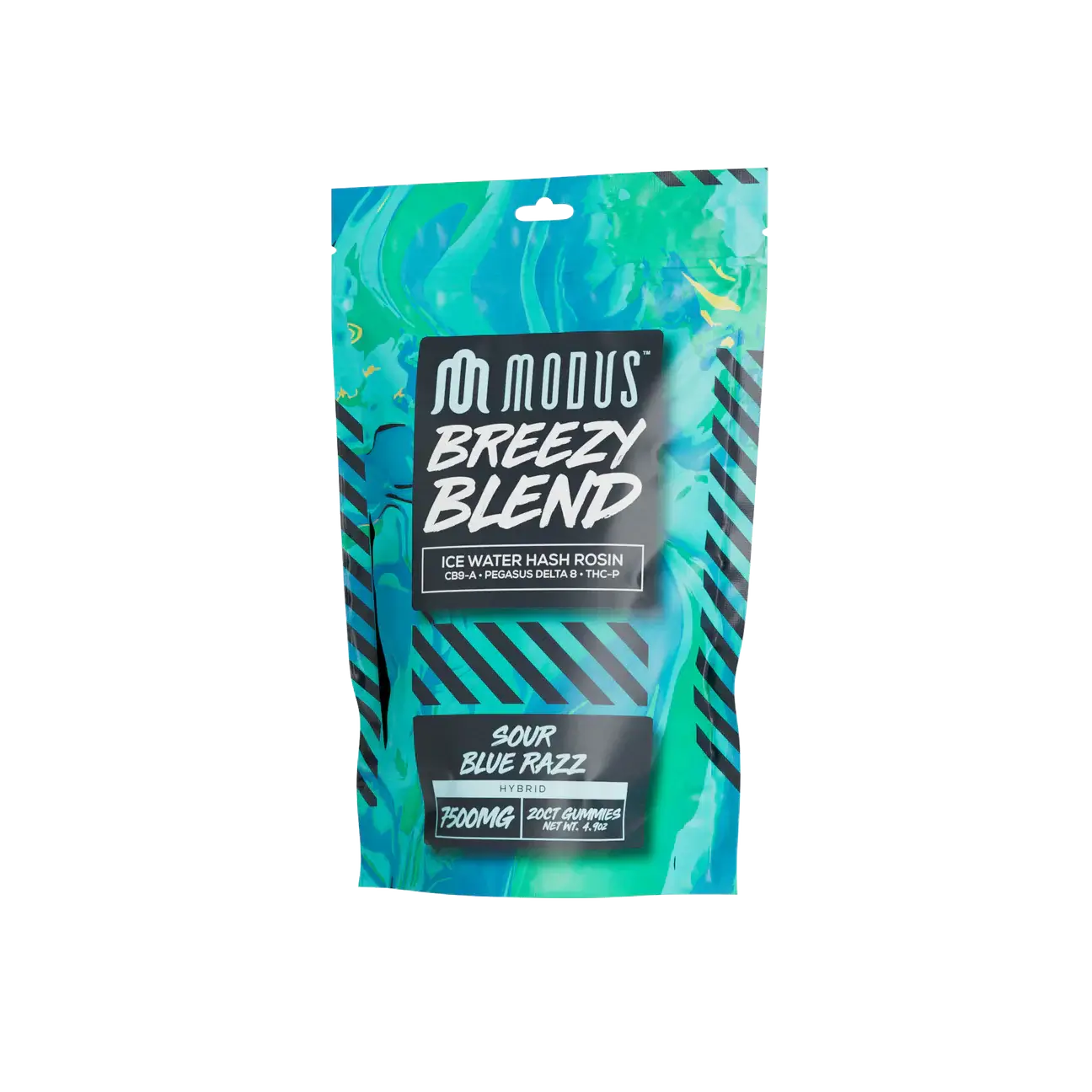 Modus Breezy Blend Gummies 7500MG packaging featuring Sour Blue Razz flavor and vibrant design. 20 count gummies.