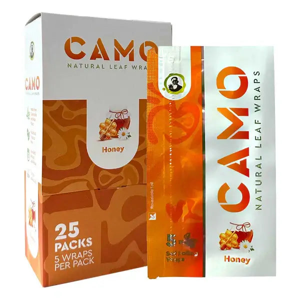 Camo Natural Leaf Wraps pack featuring honey flavor, 25 packs with 5 wraps each, all-natural and tobacco-free.