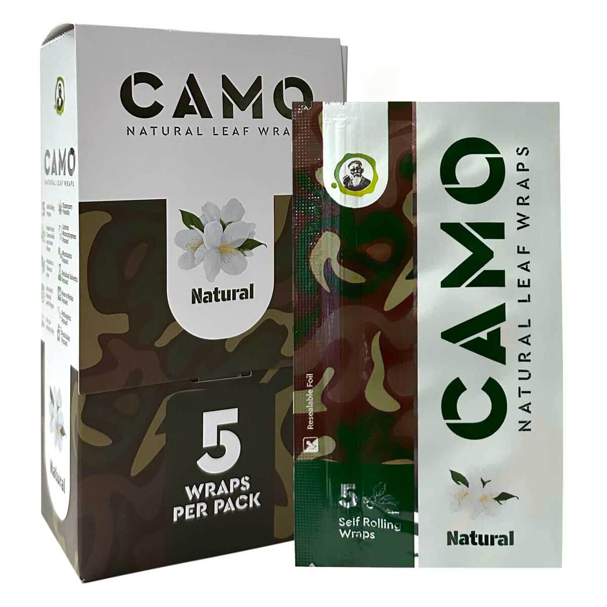 Camo Natural Leaf Wraps 5 Pack, tobacco-free, all-natural, smooth smoke, natural ingredients, self-rolling wraps