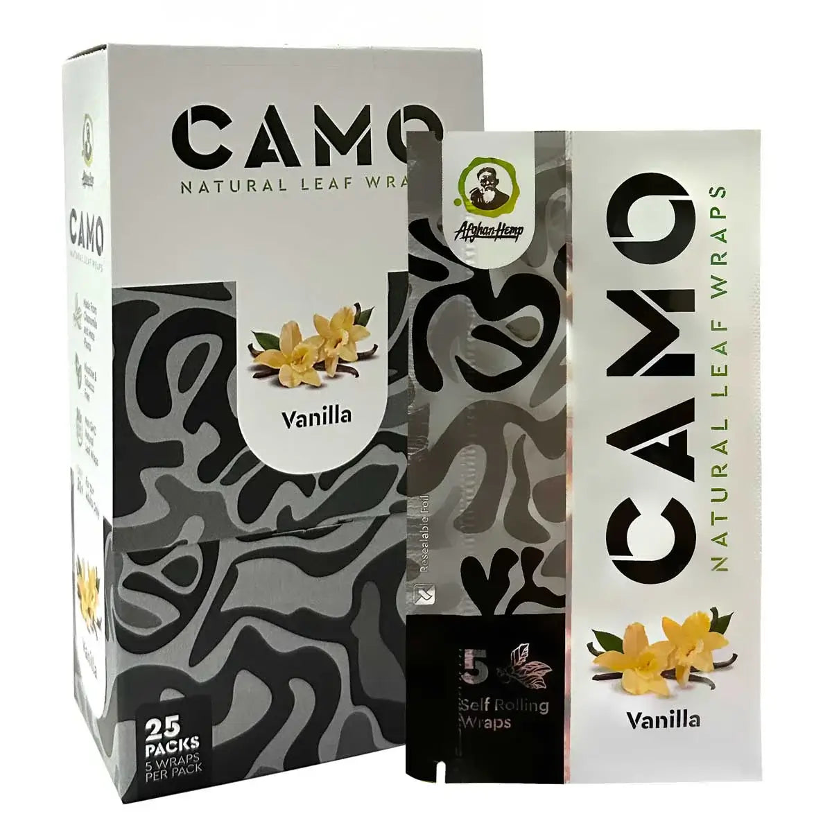 Camo Natural Leaf Wraps Vanilla pack, includes 5 all-natural, tobacco-free, and nicotine-free wraps.