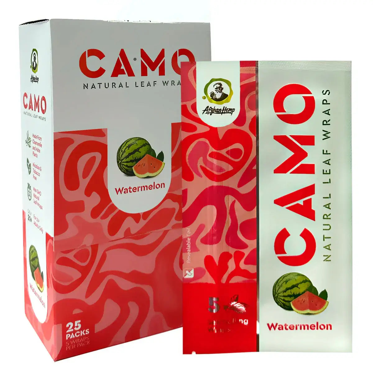 Camo Natural Leaf Wraps in Watermelon flavor, tobacco-free and nicotine-free, presented in a colorful box packaging.