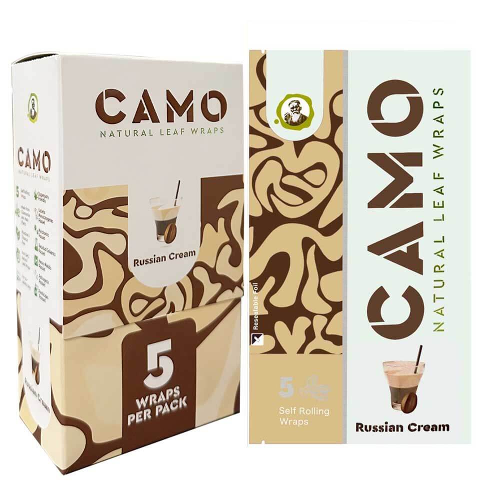Camo Natural Leaf Wraps Russian Cream flavor, packaged in a box featuring 5 tobacco-free wraps per pack.