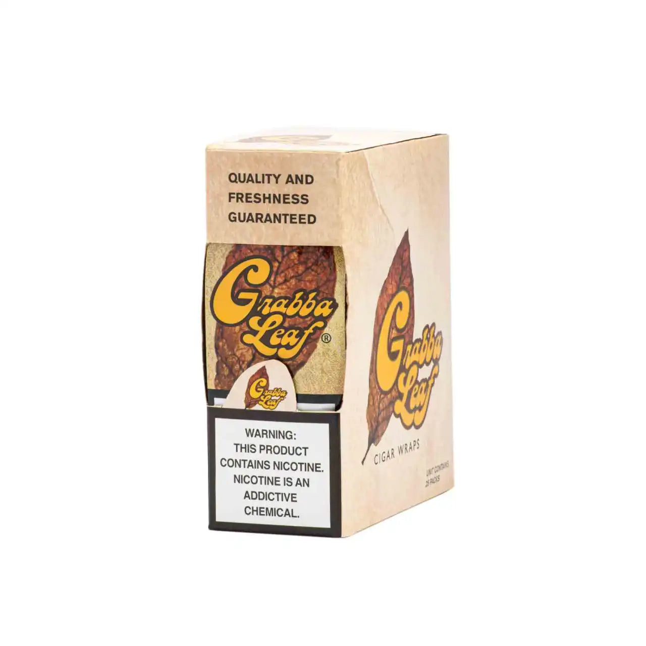 Grabba Leaf Natural Cigar Wraps packaging, quality and freshness guaranteed, featuring a warning label about nicotine.