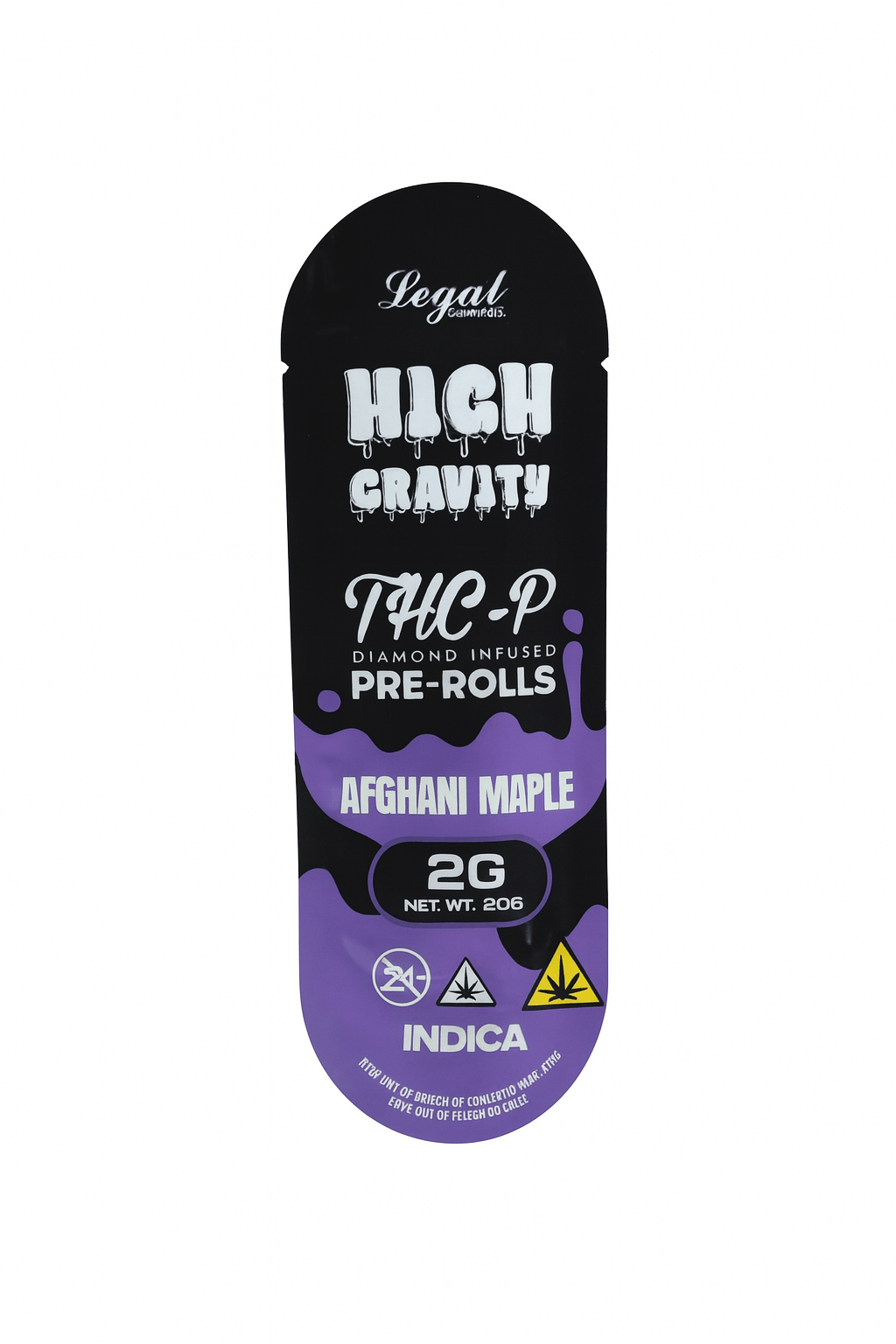 High Gravity THC-P Diamond Infused Pre-Roll packaging featuring Afghani Maple strain, 2G, Indica variety.