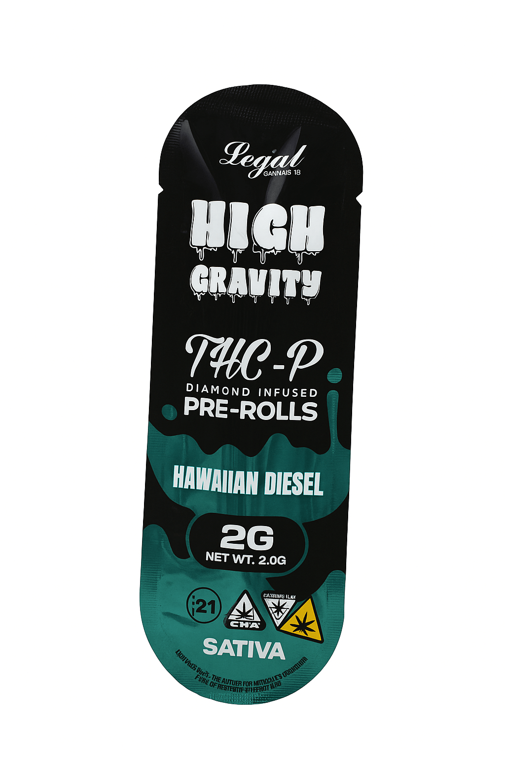 High Gravity THC-P Diamond Infused Pre-Roll in Hawaiian Diesel flavor, 2 grams, Sativa strain packaging.