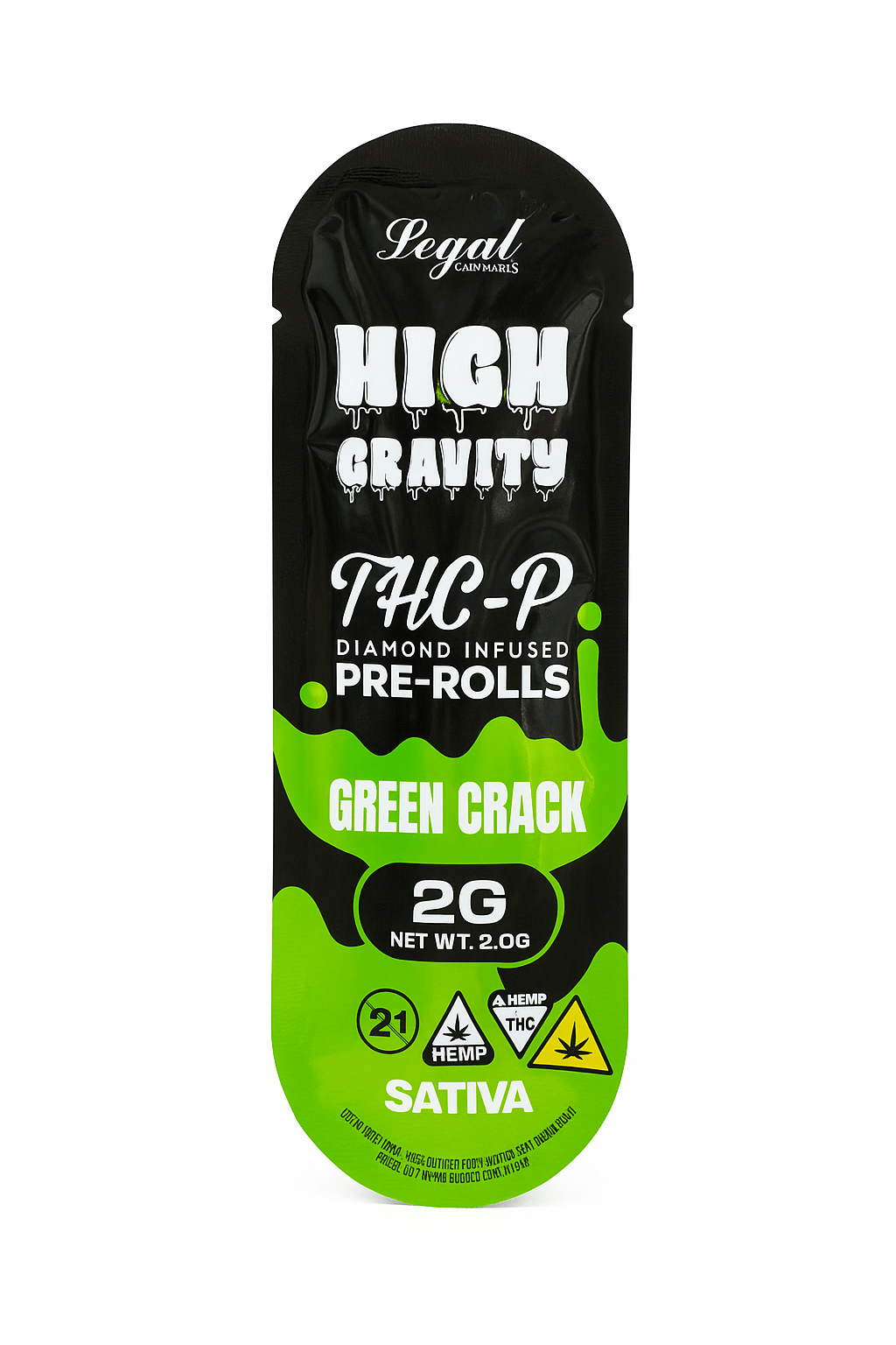 High Gravity THC-P Diamond Infused Pre-Roll Green Crack, 2g, Sativa, premium hemp blend.