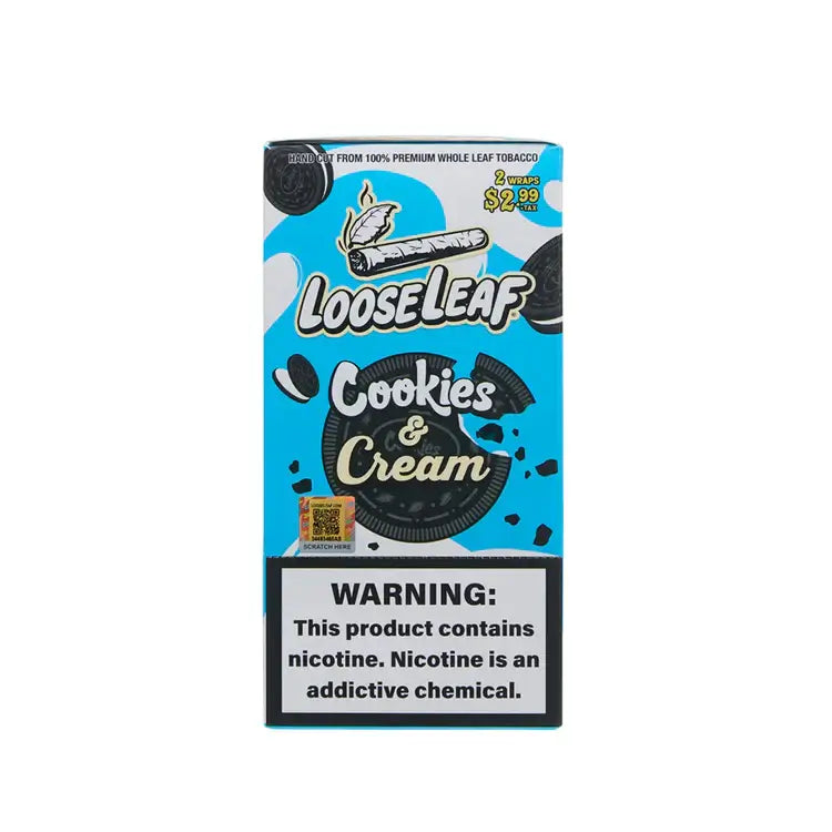 LooseLeaf Cookies & Cream Pack featuring premium whole leaf tobacco with warning about nicotine content.