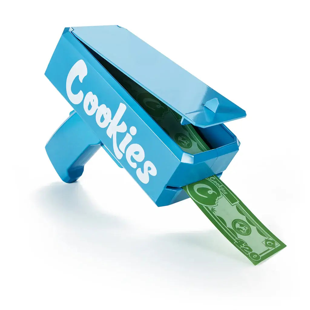Cookies Rain Maker Money Dispenser in blue, firing faux $1000 bills for fun and excitement.