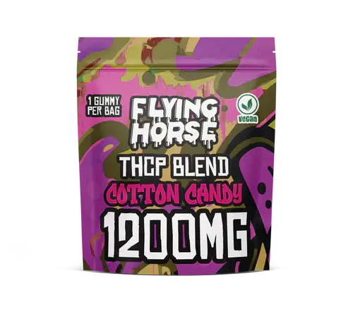 Flying Horse THCP Blend Cotton Candy Gummies, 1200mg, vegan, colorful packaging with potent cannabinoid formula.