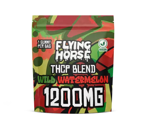 Flying Horse THCP Blend Gummies in Wild Watermelon flavor, 1200mg, vegan-friendly packaging.