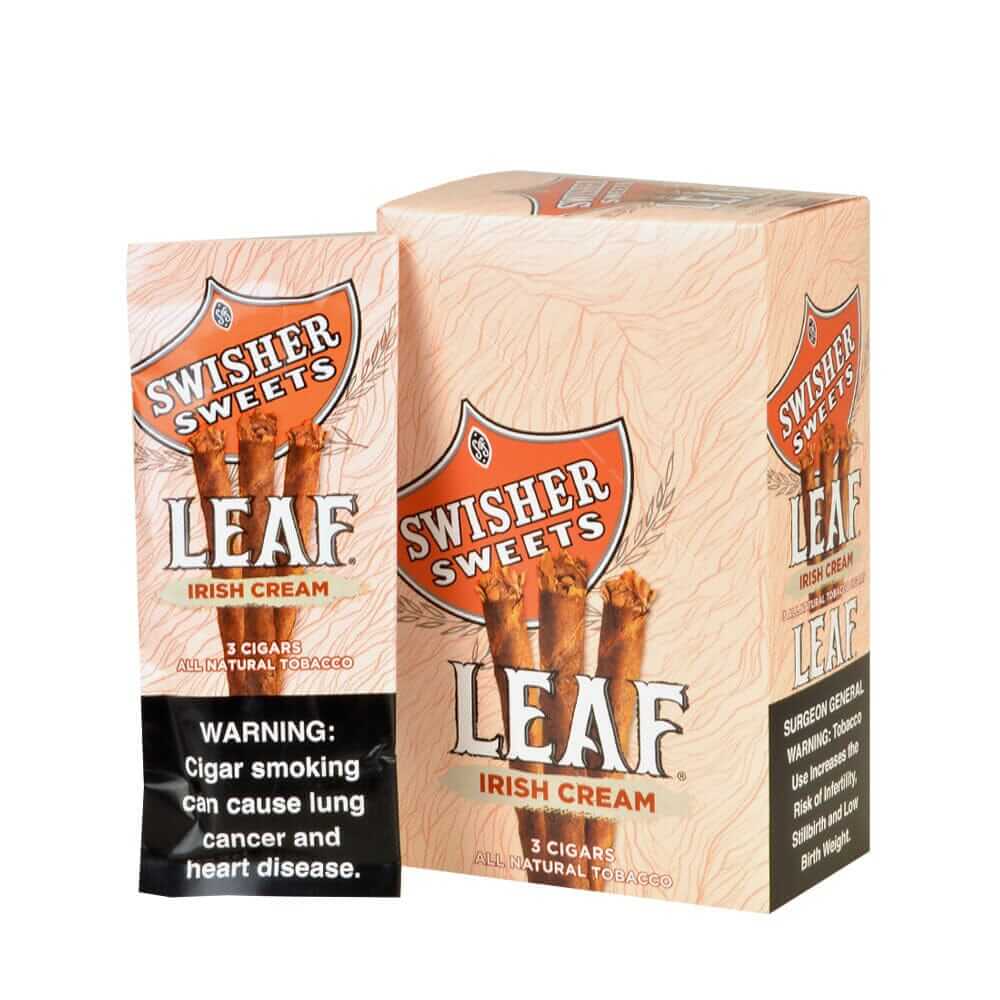 Swisher Sweets Leaf Irish Cream cigars pack displaying 3 natural tobacco cigars with flavor warning label.