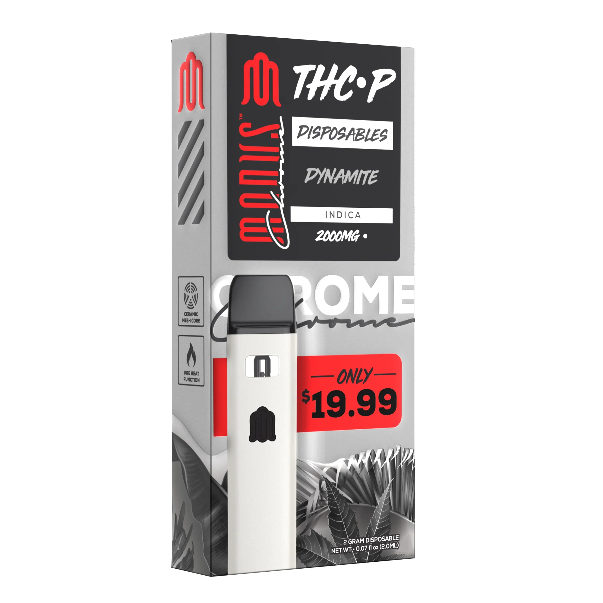 Modus Chrome THC-P Disposable 2gm package with product details and price, showcasing premium terpenes and potency.