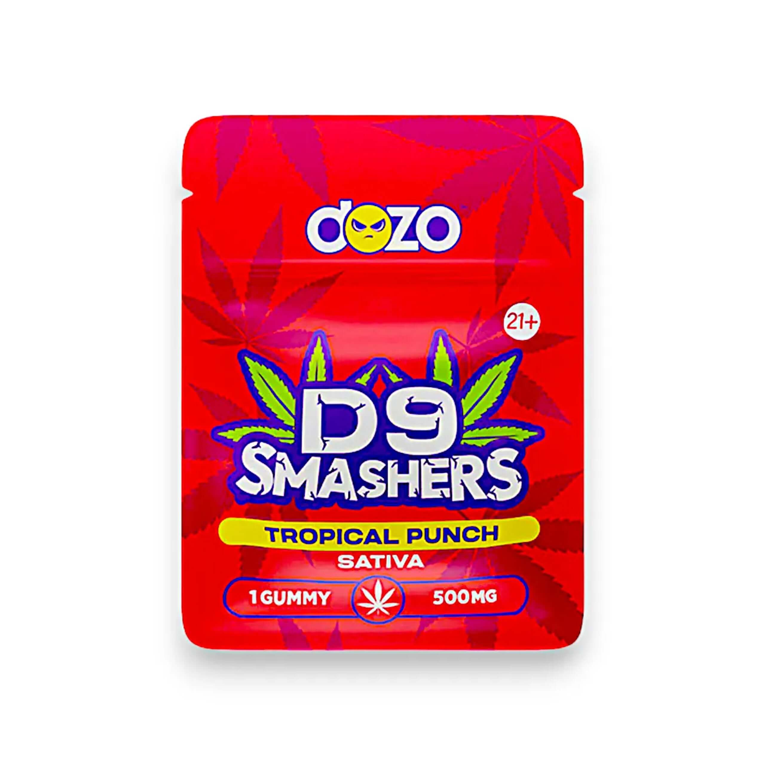 Dozo D9 Smashers Tropical Punch gummy packaging, Sativa strain, 500mg per gummy.