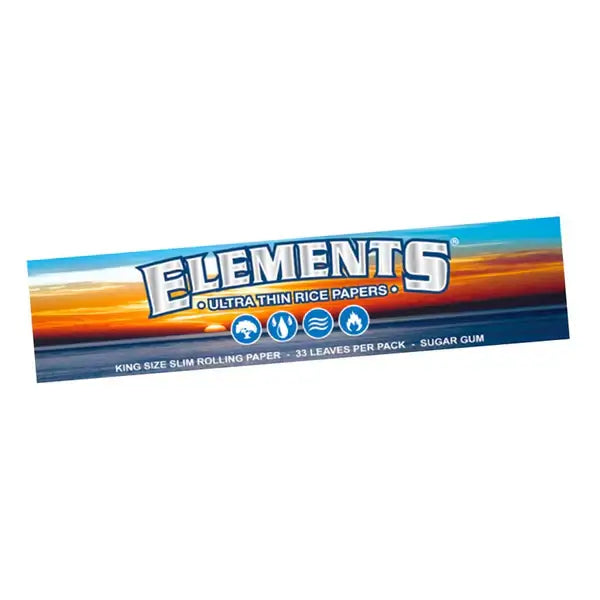 Elements Ultra Thin Rice Rolling Papers, King Size Slim, 33 sheets, featuring a sunset design.