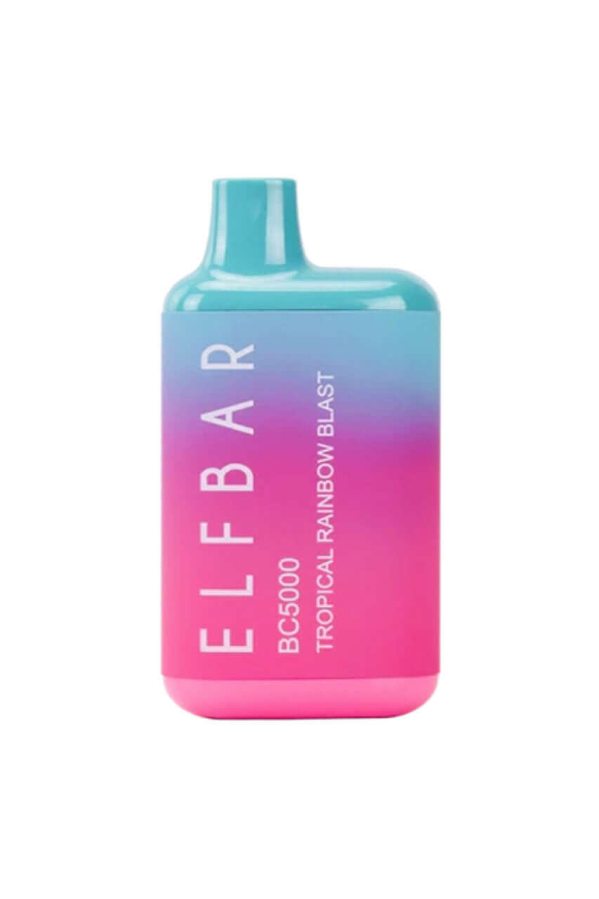 Elf Bar BC5000 vape in Tropical Rainbow Blast flavor, featuring a vibrant blue and pink design.