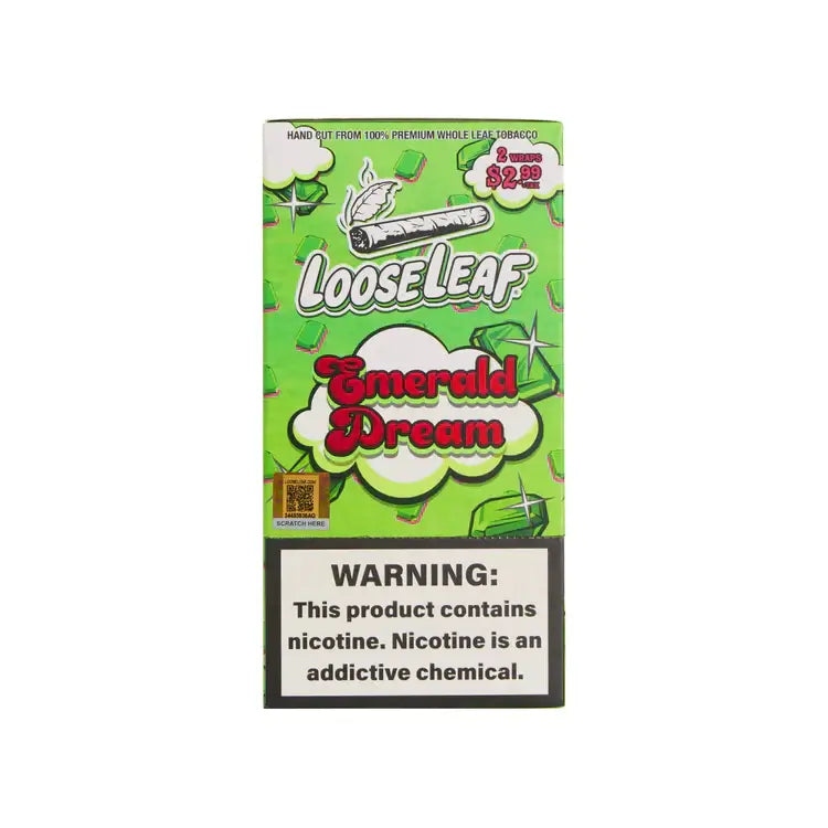 Loose Leaf Emerald Dream Wraps packaging featuring vibrant green design and nicotine warning label.