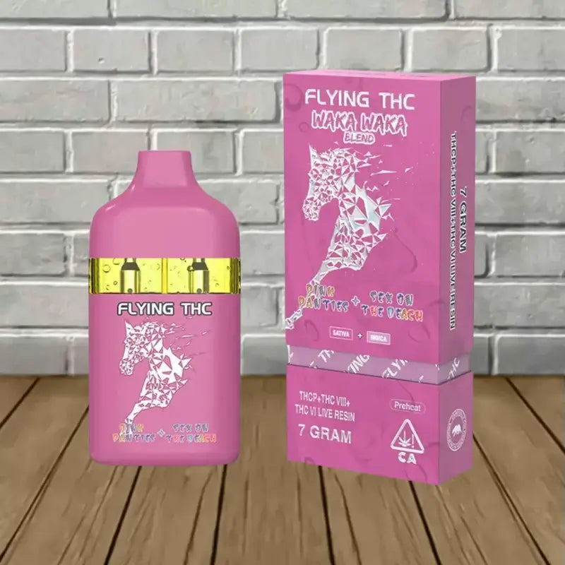 Flying THC Waka Waka Blend Disposable Vape with 7g live resin and dual ceramic coils against a textured background.