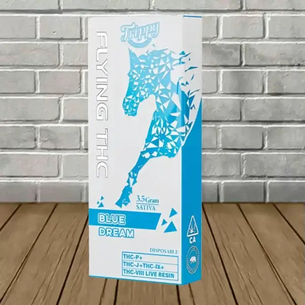 Flying Horse THC vape disposable packaging featuring Blue Dream flavor and 3.5g live resin.