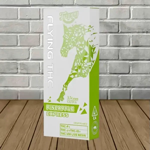 Flying Horse THC Pineapple Express disposable vape packaging, featuring 3.5g of live resin with THC-P and THC-J.