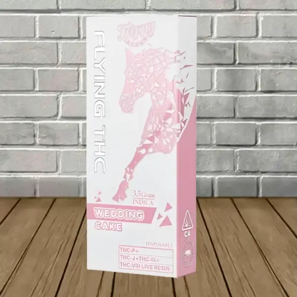 Flying Horse Wedding Cake THC disposable vape product, 3.5g, featuring THC-P, THC-J, THC-VII live resin.