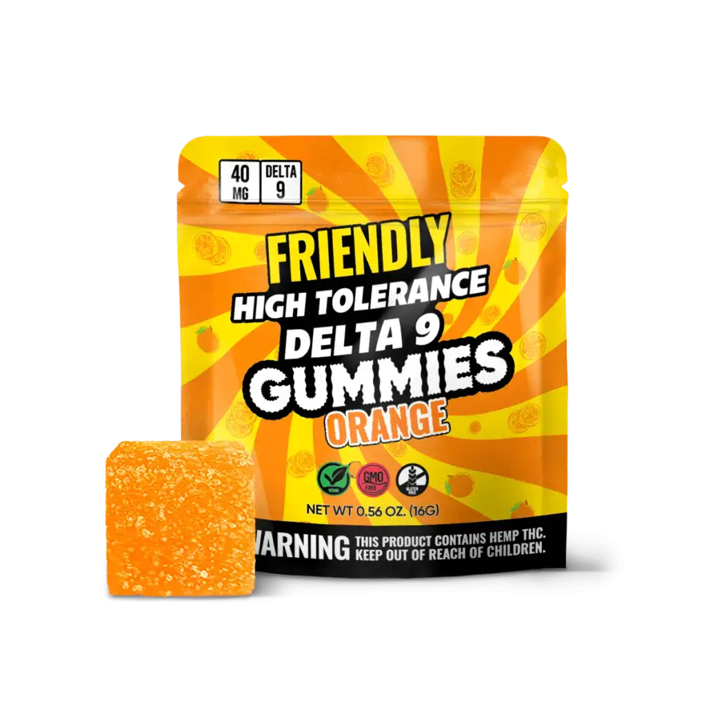 Friendly 40mg Delta 9 Gummies in Orange flavor, packaged for high tolerance, highlighting vegan and lab-tested quality.
