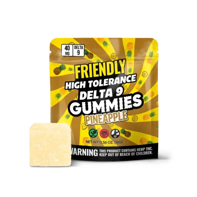Friendly Delta 9 gummies pack with pineapple flavor, featuring 40mg of Delta 9 THC, vegan and lab-tested.