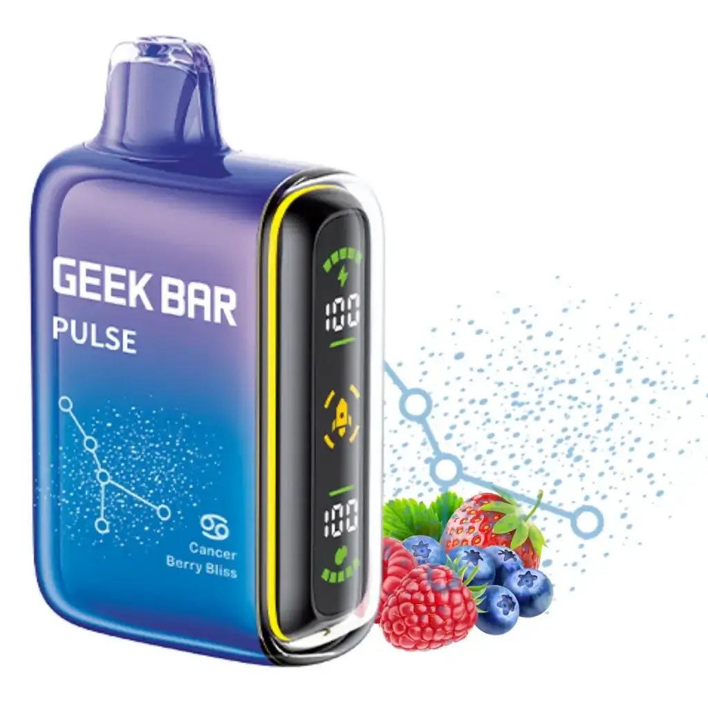 Geek Bar Pulse 15000 disposable vape showcasing dual power modes and berry flavor bursts.