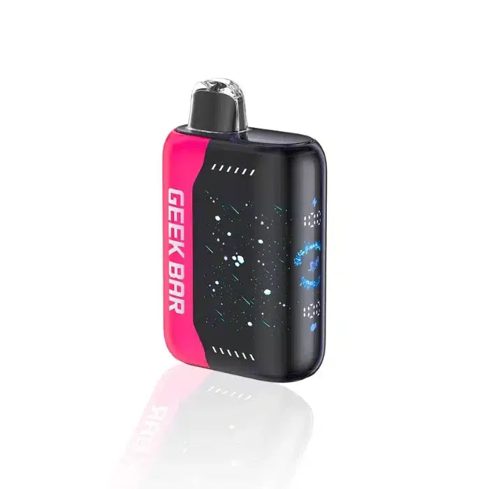 Geek Bar Pulse X vape device with pink and black design, showcasing advanced features and 3D LED display.