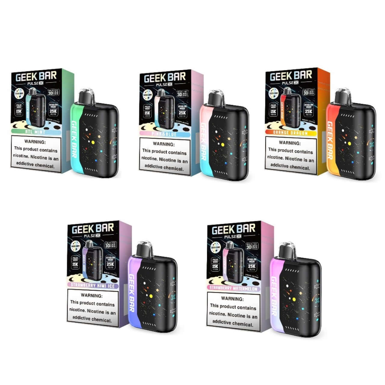 Geek Bar Pulse X 25K vape devices displayed in various colors with packaging, showcasing features and warning labels.