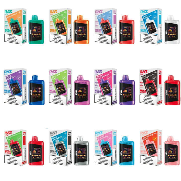 Variety of RAZ LTX disposable vapes in different colors and flavors with packaging displayed.