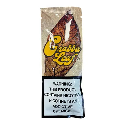 Grabba Leaf natural cigar wrap pouch showing premium tobacco leaf and warning label about nicotine.