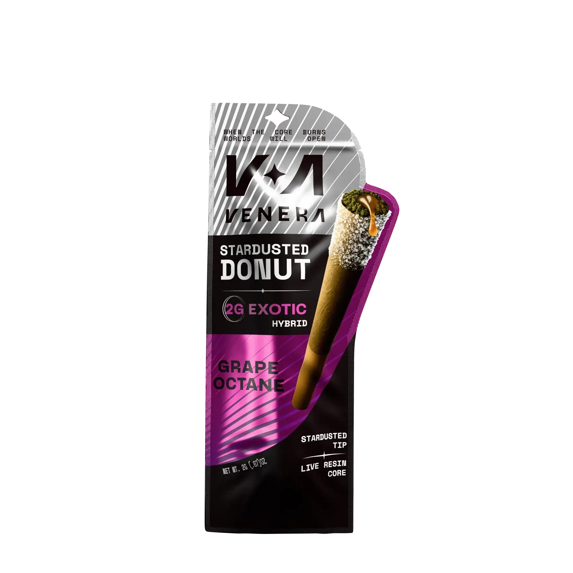 Venera Stardusted Donut Pre-roll packaging featuring Grape Octane flavor with stardusted texture.