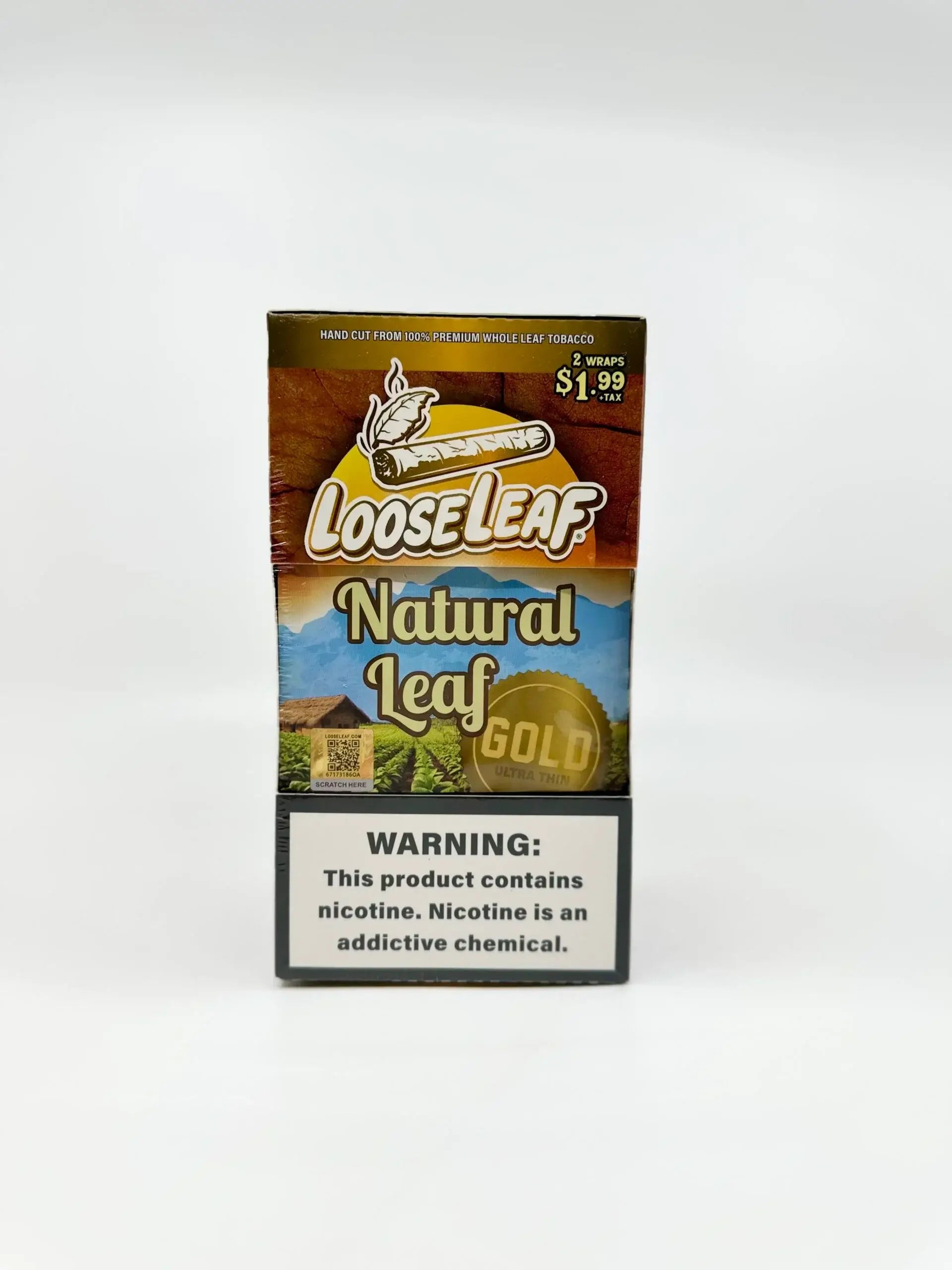 Loose Leaf Natural Leaf Wraps pack with warning label about nicotine, priced at $1.99, featuring premium tobacco product.
