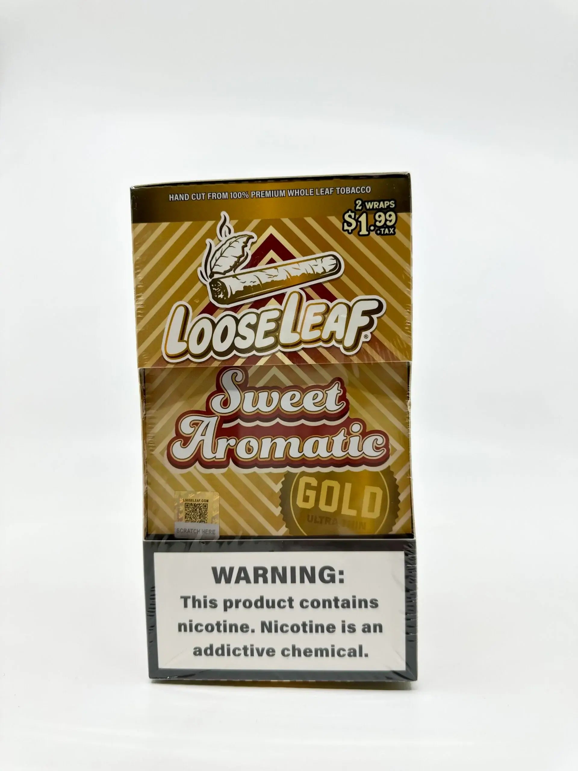 Loose Leaf Sweet Aromatic Gold wraps pack with warning about nicotine and addictive chemicals. Quality whole leaf tobacco.