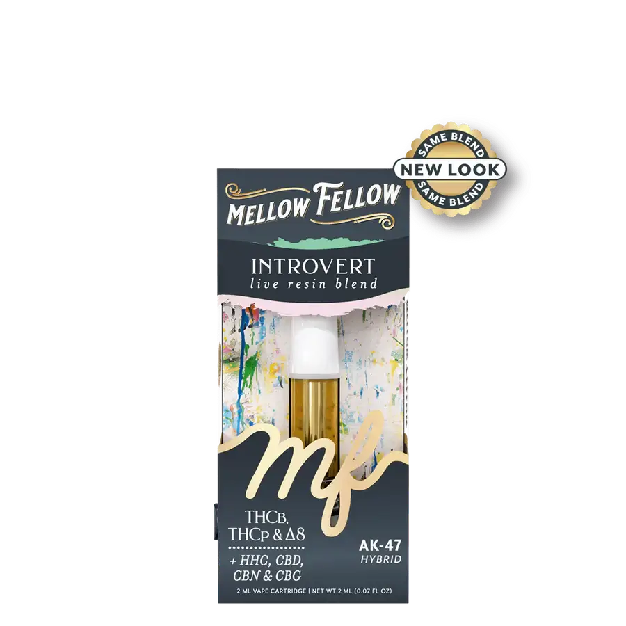 Mellow Fellow Introvert Hybrid Vape Cartridge, 2mL, infused with HHC, CBD, CBN, CBG, and THC-P, featuring new packaging design.