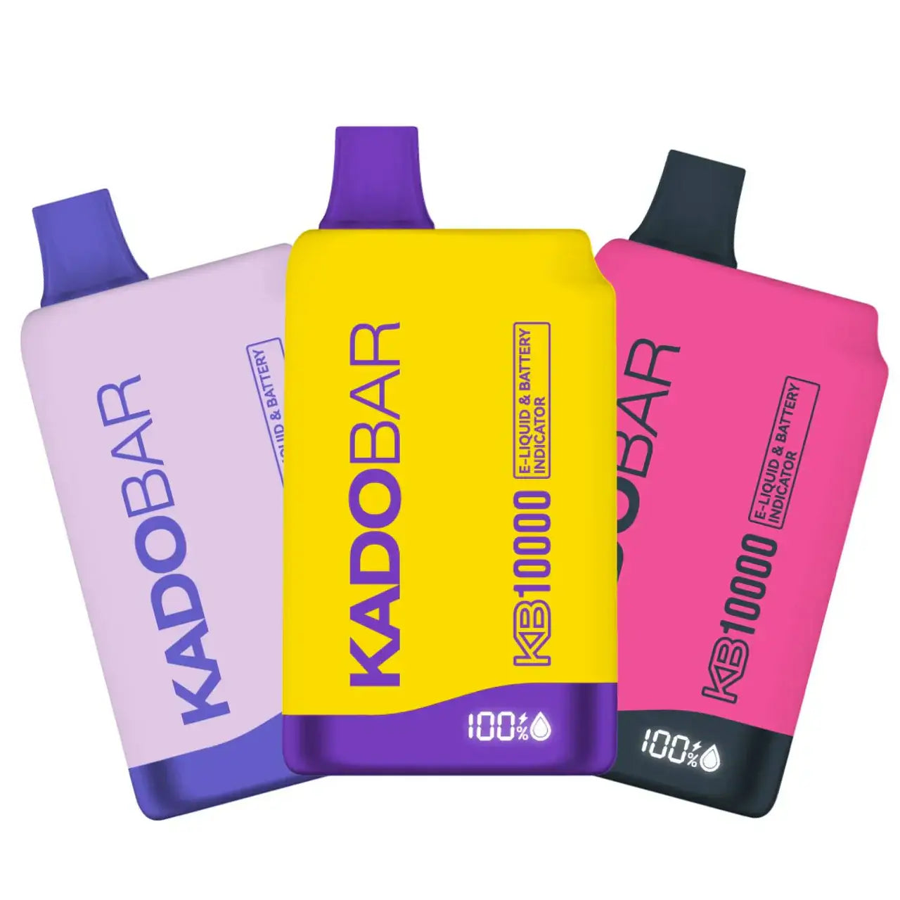 Kado Bar KB10000 disposable vape in purple, yellow, and pink, showcasing 10,000 puffs and rechargeable features.