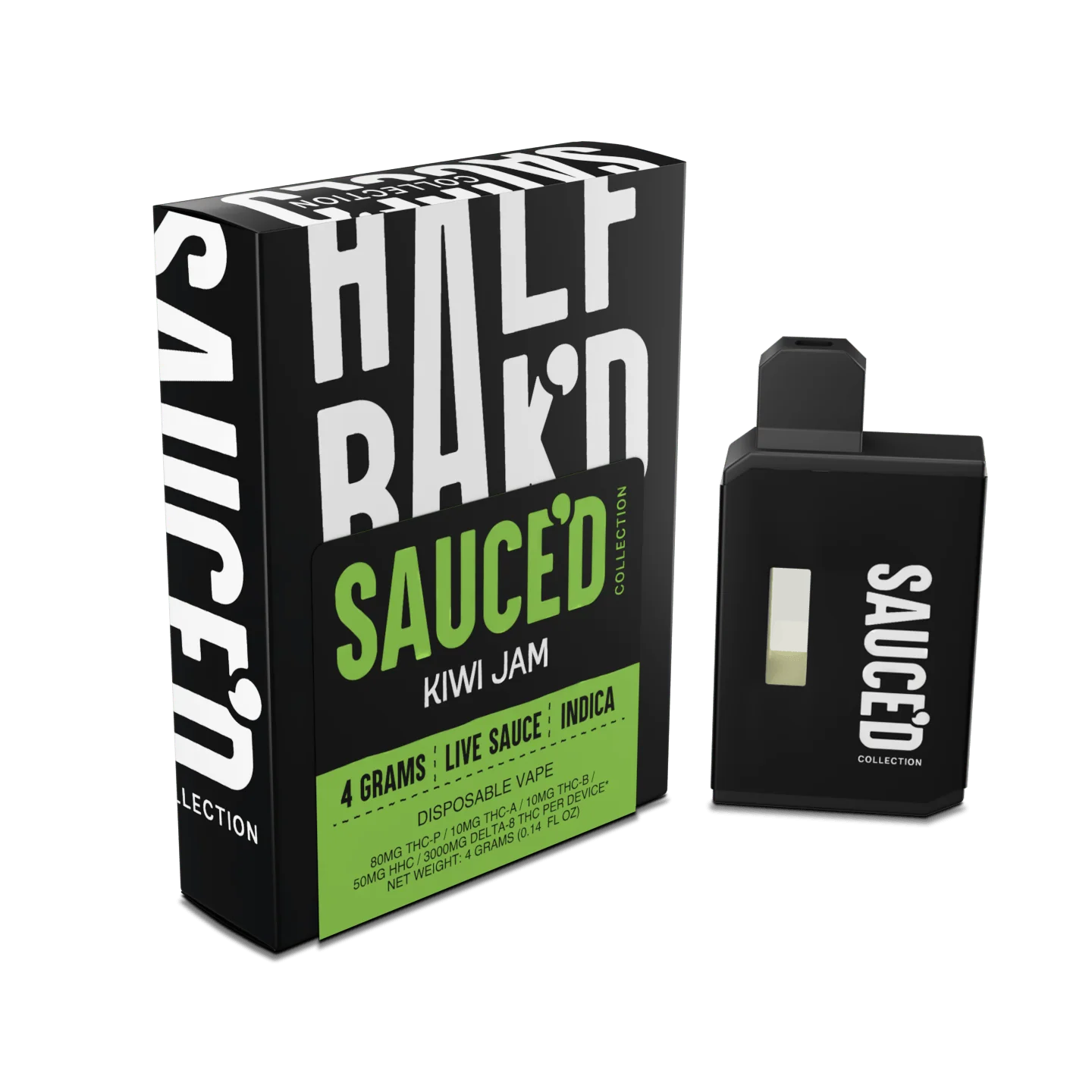 Half Baked Live Sauce D9 THC-P THC-B disposables in Kiwi Jam flavor with 4 grams of live sauce.