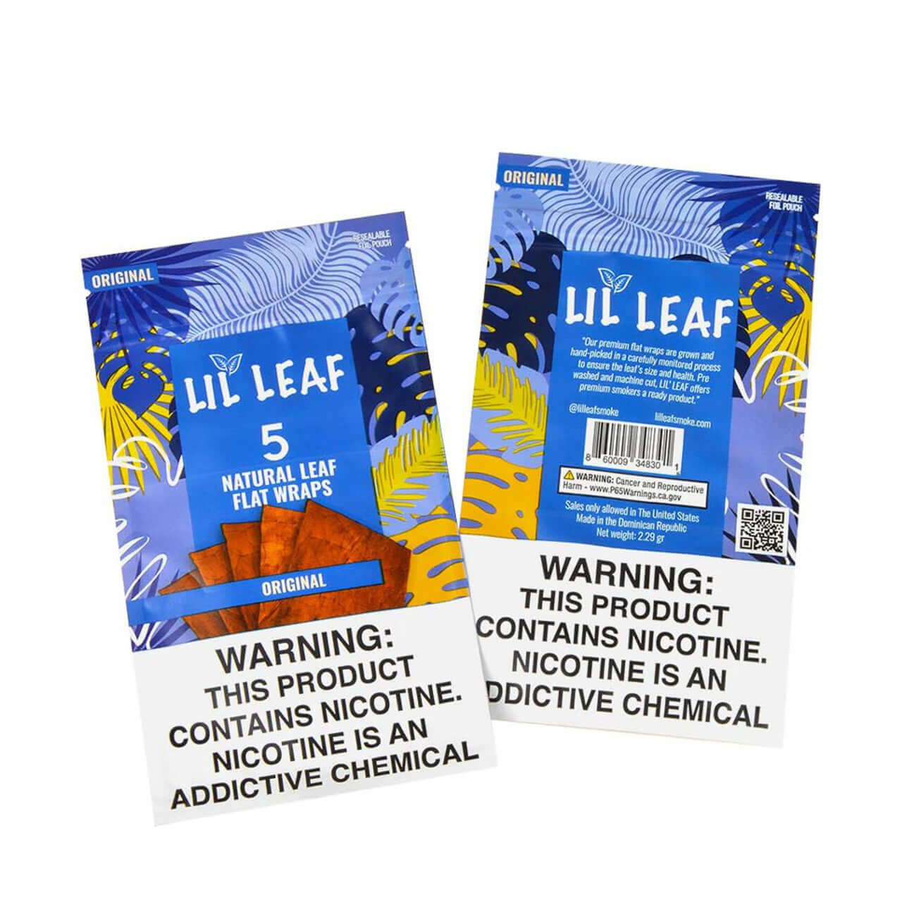 Lil Leaf Flat Wraps 5 Pack, all-natural leaf wraps with a warning about nicotine addiction.