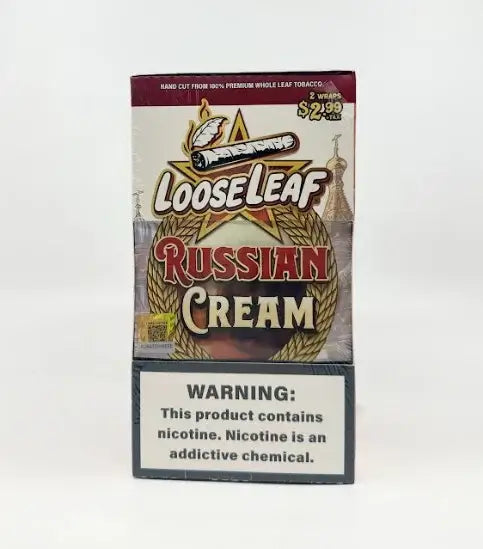 Loose Leaf Natural Leaf Wraps in Russian Cream flavor, 2 pack with nicotine warning.