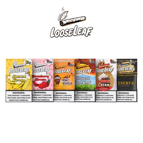 Loose Leaf Natural Leaf Wraps 5-Pack featuring Banana Cream, Strawberry, Honey Bourbon, Natural Dark Leaf, Raspberry Cream, and Reserve.