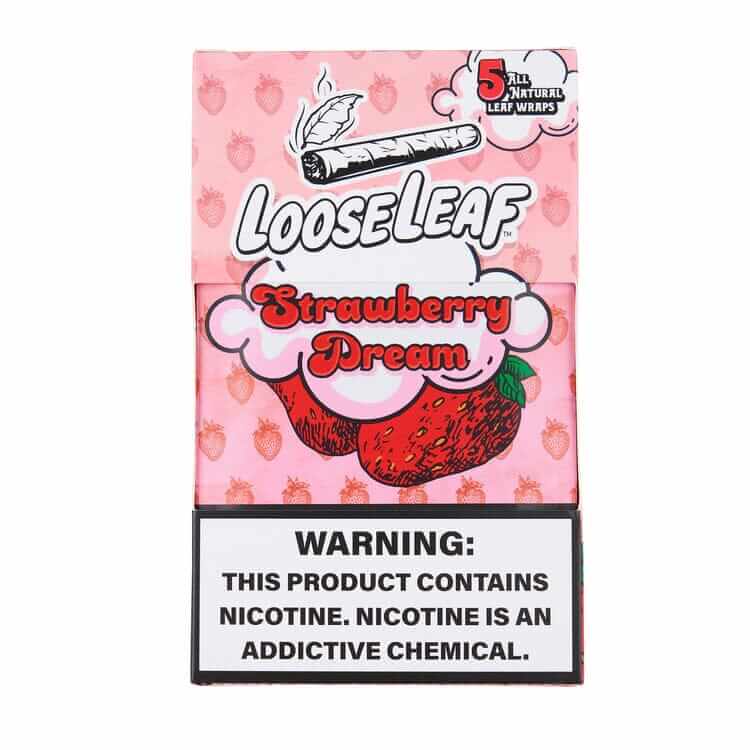 Loose Leaf Natural Leaf Wraps pack featuring Strawberry Dream flavor with a warning about nicotine.