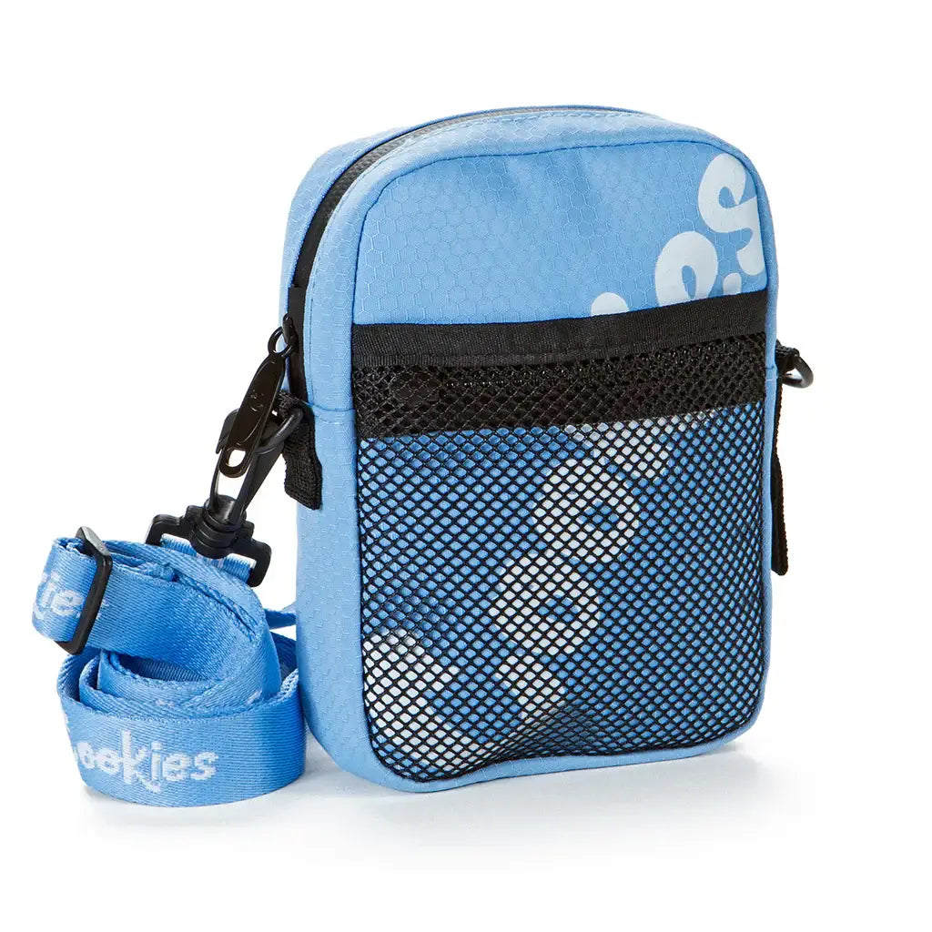 Cookies Layers Honeycomb Smell-Proof Nylon Shoulder Backpack in blue with mesh pocket and adjustable strap.