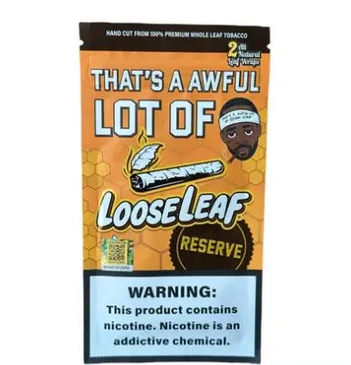 Loose Leaf Natural Leaf Wraps packaging featuring a humorous graphic and warning about nicotine content.