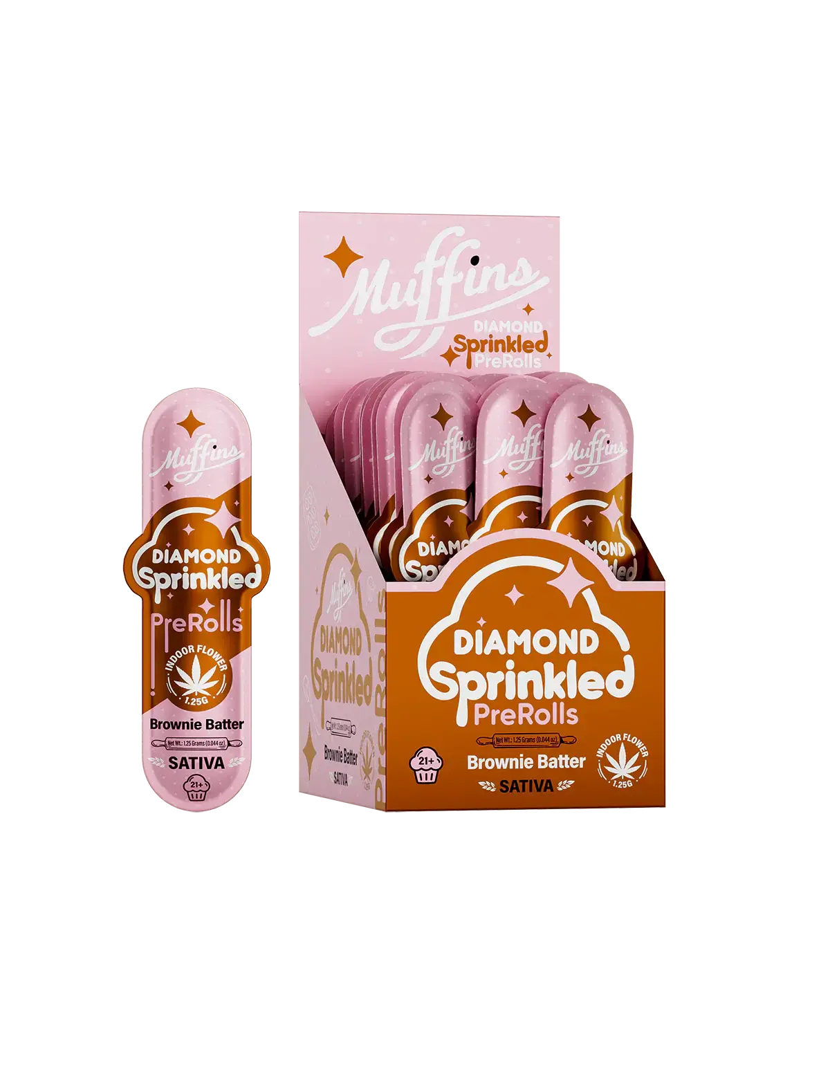 Muffins Diamond Sprinkled Pre-Rolls in Brownie Batter flavor, featuring premium THC-P infused pre-rolls in a display box.