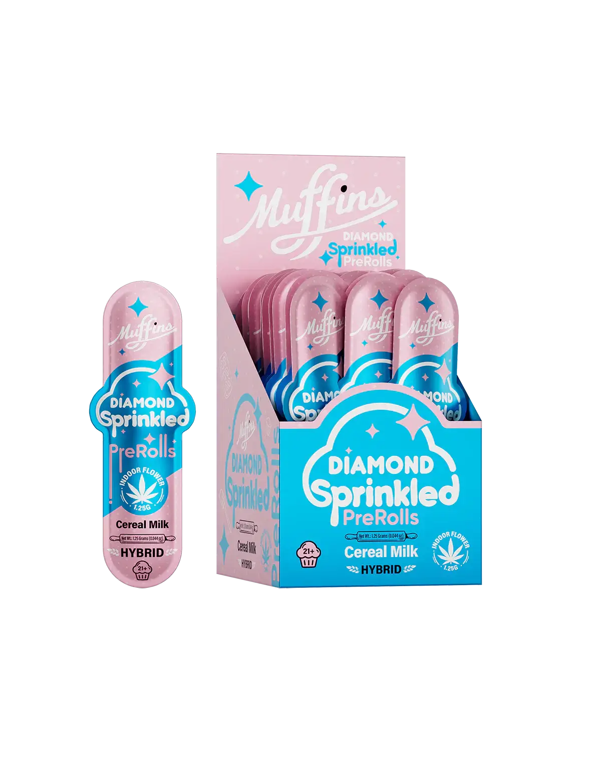 Muffins Diamond Sprinkled Pre-Rolls display box and package in Cereal Milk flavor, hybrid THC-P infused pre-rolls.