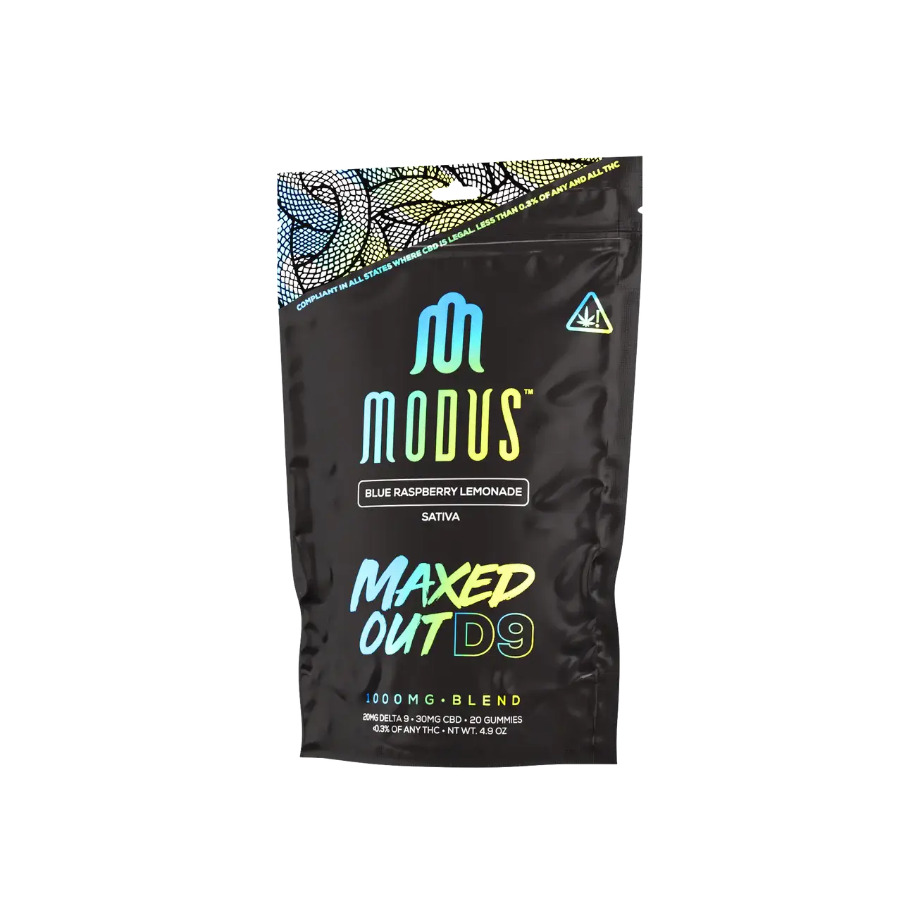 Modus Maxed Out D9 gummies packaging in Blue Raspberry Lemonade flavor, 1000 mg blend, 20 count.